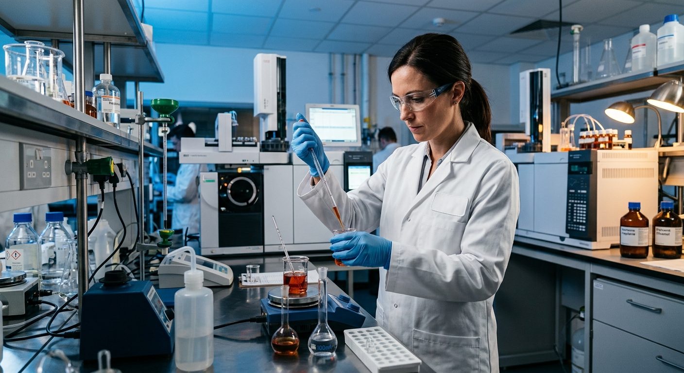 Central Refinery Laboratory analyst testing a fuel sample
