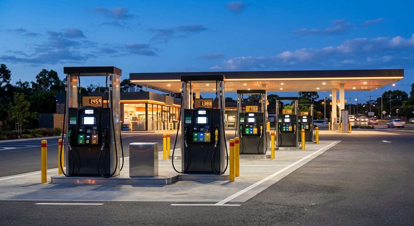 Modern fuel dispensers at a petrol station forecourt