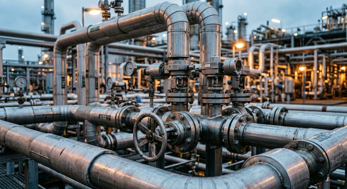 Industrial pipelines and manifolds at the refinery