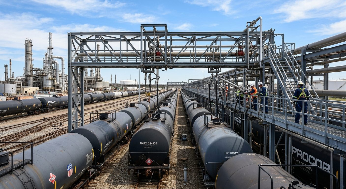 Railway tank cars being loaded with petroleum products at the refinery loading rack