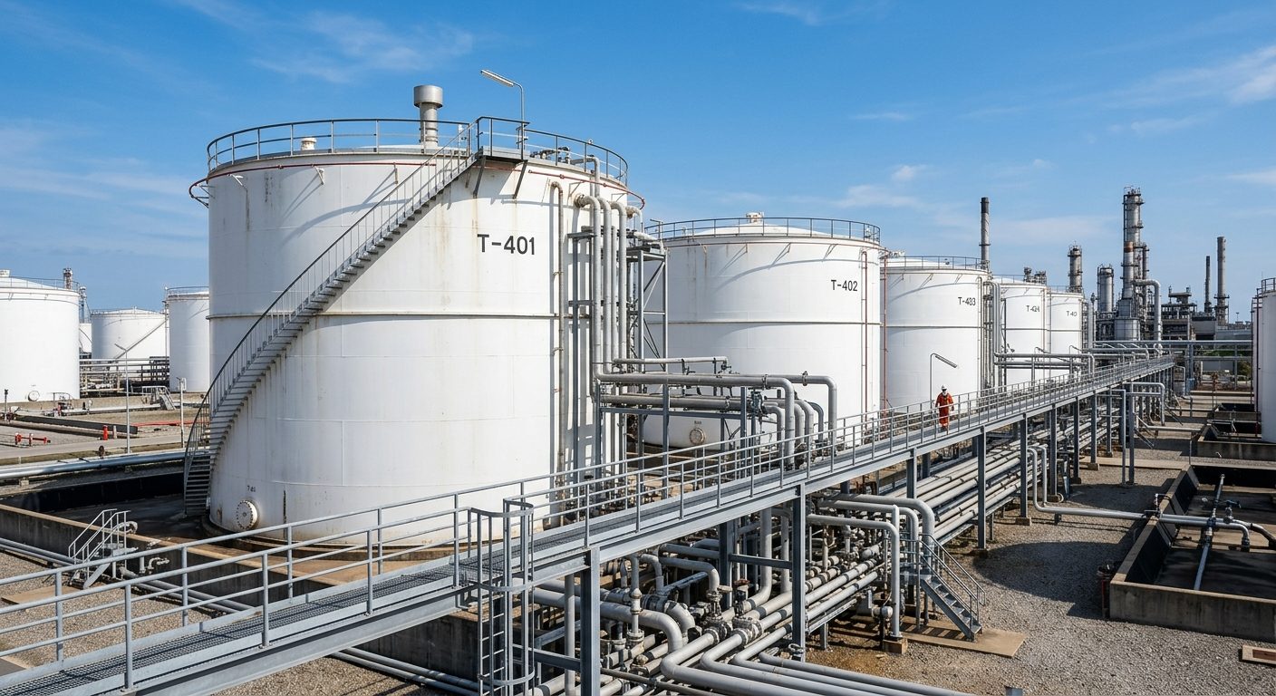White cylindrical crude oil storage tanks in the refinery tank farm